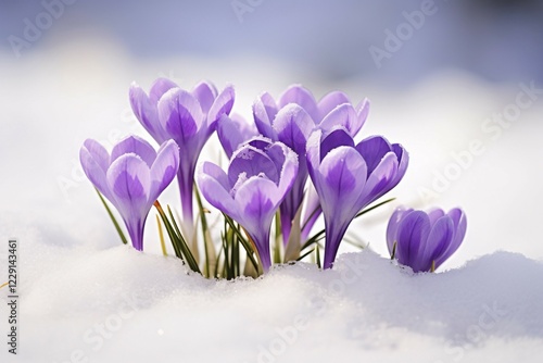 Purple crocus spring flowers in snow. KI generiert, generiert AI generated photo