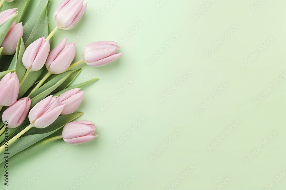 Pink tulip spring flowers on side of green background with copy space. KI generiert, generiert AI generated Pink tulip spring flowers on side of green background with copy space. KI generiert, generiert AI generated