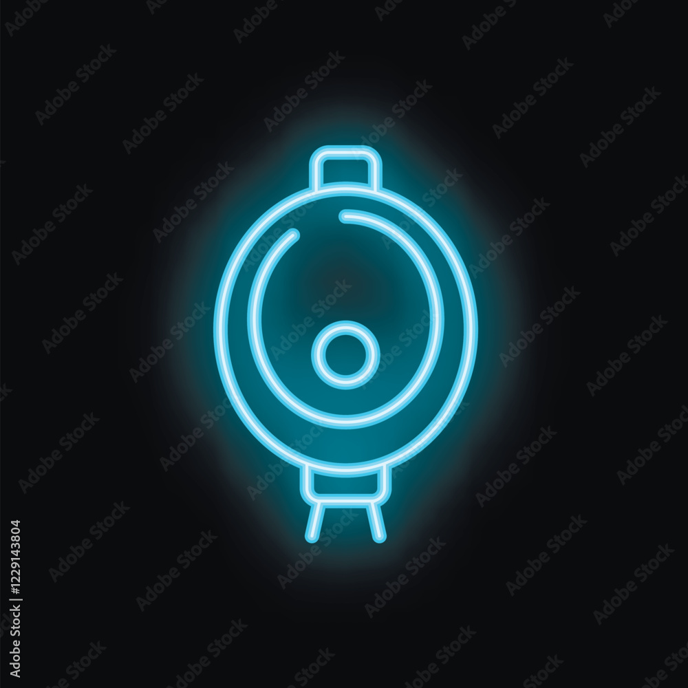 Blue neon icon of a spotlight shining in the dark, simple minimalistic top view of stage or studio lighting equipment Blue neon icon of a spotlight shining in the dark, simple minimalistic top view of stage or studio lighting equipment