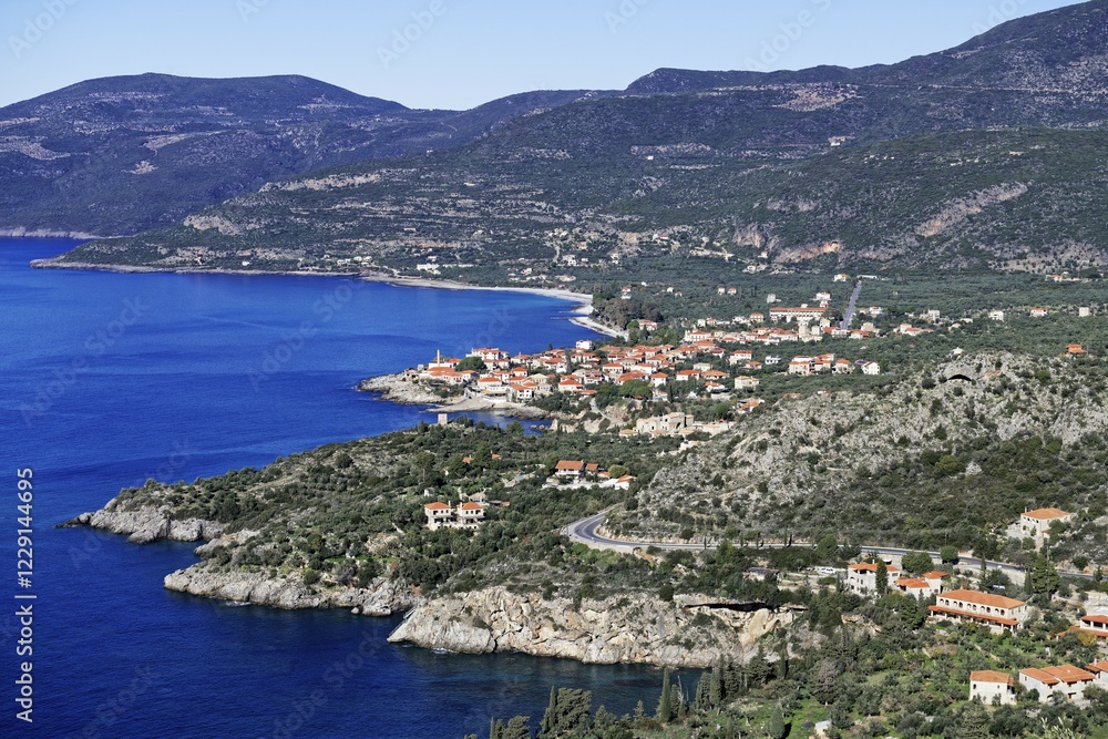View of the coast near Kardamyli, Lefktro, Mani, Messenia, Peloponnese, Greece, Europe View of the coast near Kardamyli, Lefktro, Mani, Messenia, Peloponnese, Greece, Europe