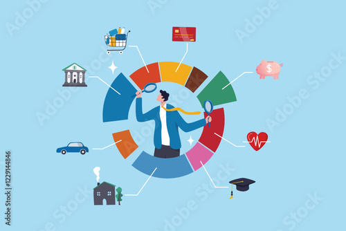 Budget planning, financial expense or spending allocation, investment, income, saving percentage pie chart, cost tracking or debt management concept, businessman analyze budget allocation pie chart.