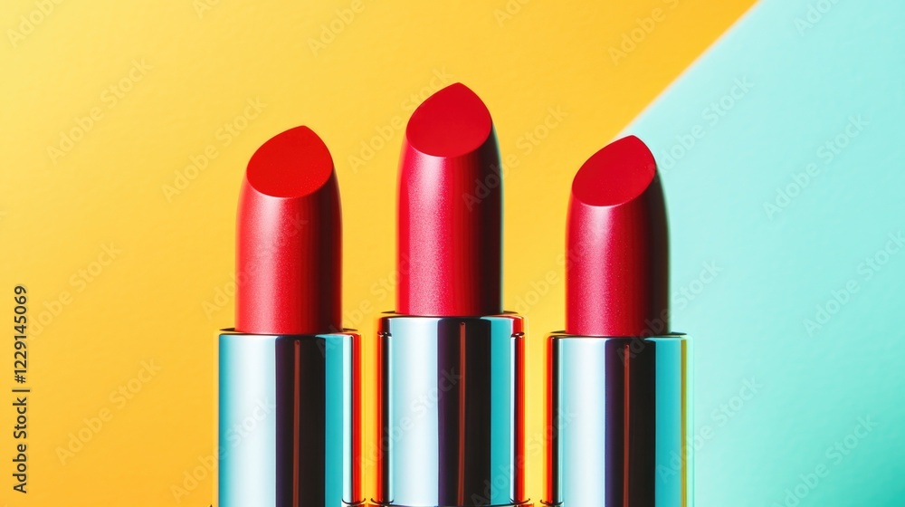 Obraz premium A trio of vibrant red lipsticks sit together on a bright colored background, ideal for beauty and makeup related content
