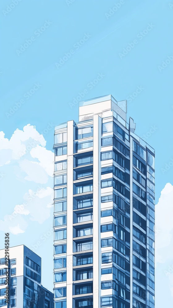A contemporary high-rise building set against a bright blue sky with fluffy white clouds, showcasing urban architecture. A contemporary high-rise building set against a bright blue sky with fluffy white clouds, showcasing urban architecture.