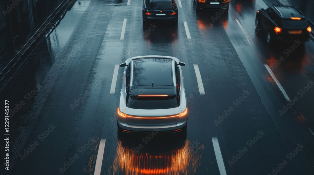 modern car driving on wet highway during twilight, showcasing intelligent design and advanced technology. scene captures essence of urban mobility and innovation modern car driving on wet highway during twilight, showcasing intelligent design and advanced technology. scene captures essence of urban mobility and innovation