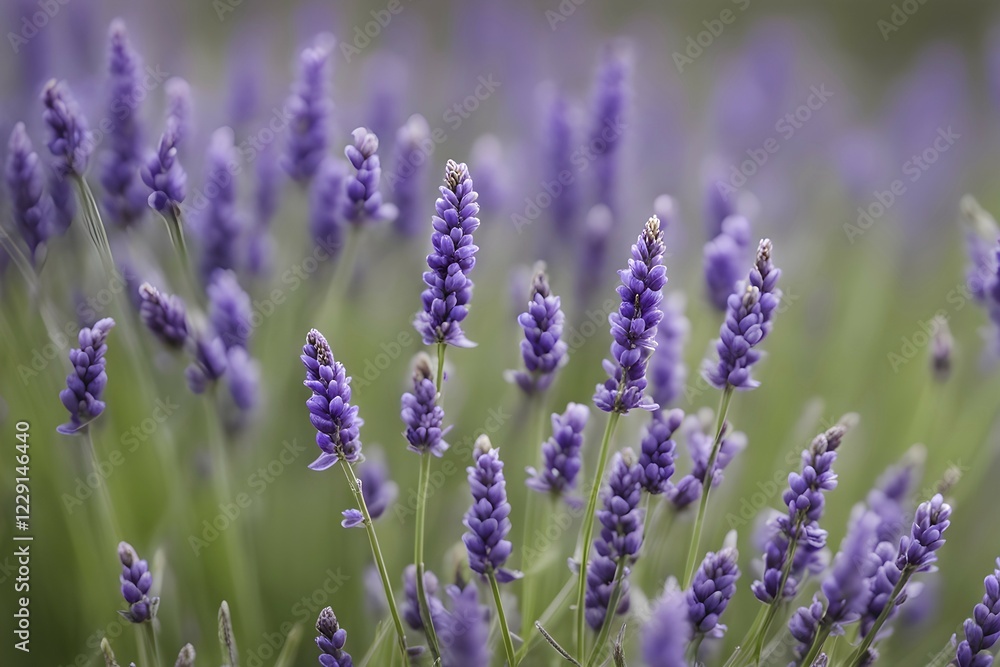 Obraz premium Detailed macro of a lavender flower (Lavandula angustifolia), showing the tiny purple buds and soft, velvety texture of the petals, AI generated