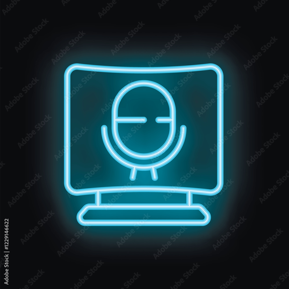 Blue neon icon of a computer screen showing a microphone icon, representing the concept of podcast recording Blue neon icon of a computer screen showing a microphone icon, representing the concept of podcast recording