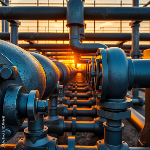 Industrial pipes with metal flanges and bolts in a row with a warm sunset light photo