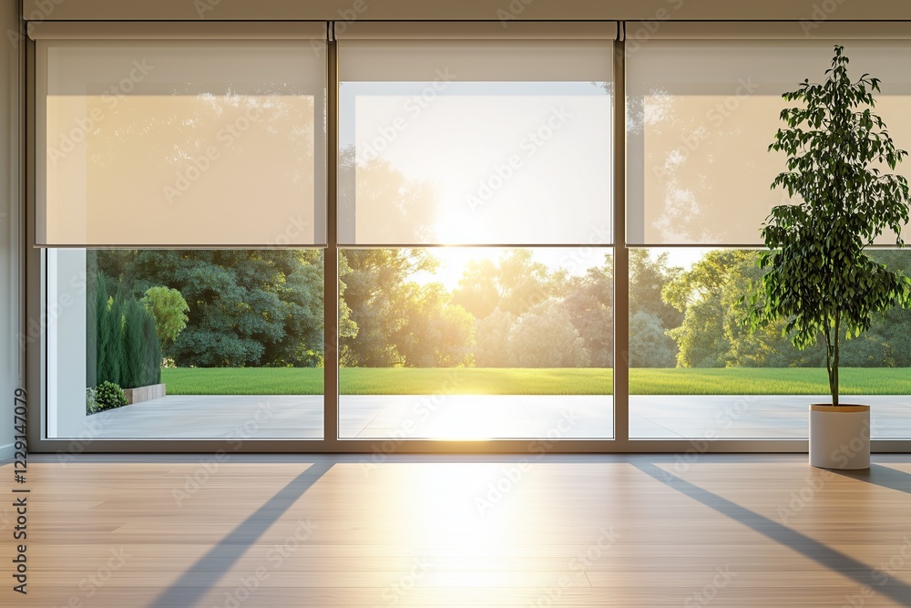 Fototapeta premium AI-Controlled Blinds Opening to Morning Sunlight: Minimalistic Window Scene with Copy Space