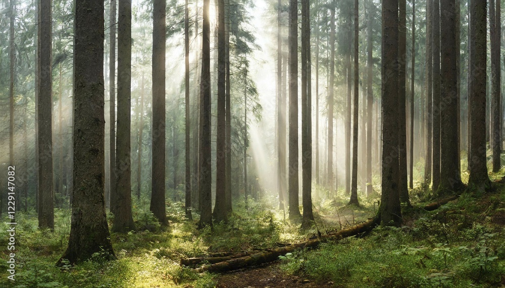Landscape, forest, spruce forest, high trunks, fog, sunbeams, AI generated, AI generated Landscape, forest, spruce forest, high trunks, fog, sunbeams, AI generated, AI generated