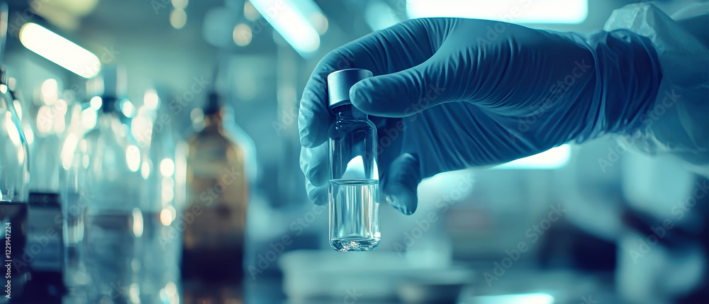 Fototapeta premium Hand in medical gloves gracefully holds a glass vial filled with liquid amidst doctors working in a clinical setting