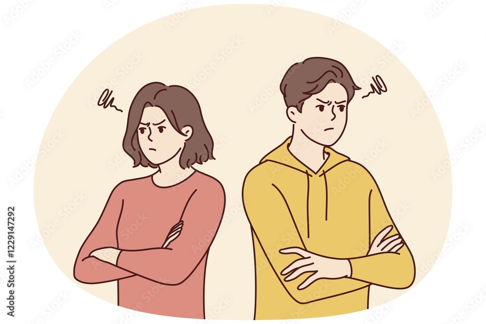 Man and woman stand in offended pose after quarrel or disagreement not wanting to communicate. Young family of guy and girl look in different directions with displeasure. Flat vector design Man and woman stand in offended pose after quarrel or disagreement not wanting to communicate. Young family of guy and girl look in different directions with displeasure. Flat vector design