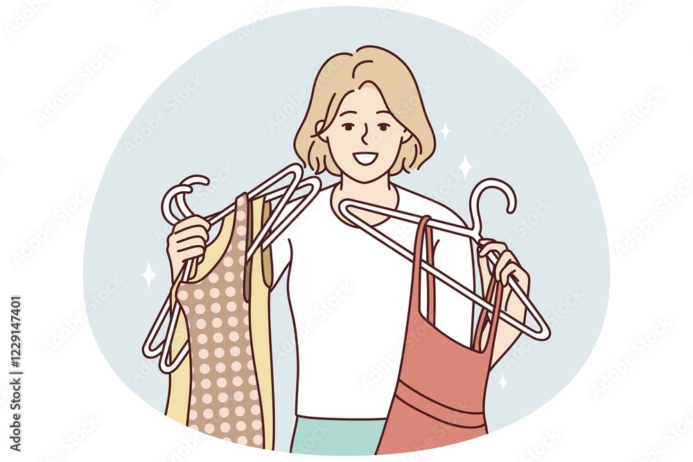 Obraz premium Happy young woman with dresses on hangers shopping in mall. Smiling girl buying fashion clothes in store. Style and consumerism. Vector illustration