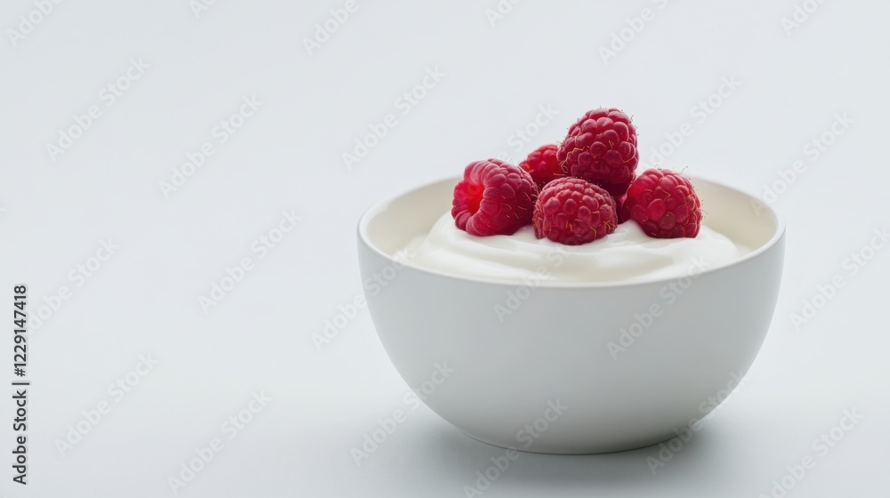 A minimalist bowl of plain yogurt with a few fresh raspberries on top, served in a simple white ceramic bowl, Yogurt centered