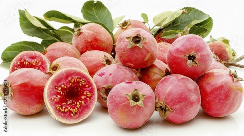 Fresh pink guavas (Psidium cattleyanum) with leaves, showcasing their ripeness and vibrant color, AI generated photo