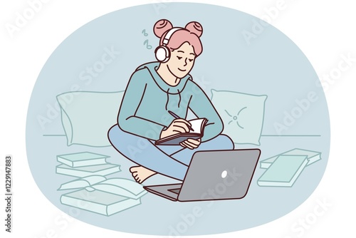 Girl in headphones study on laptop at home take notes in notebook. Happy female student in earphones write notepad have online class on computer. Vector illustration