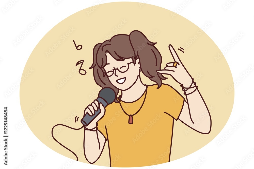Happy girl have fun singing in microphone in karaoke. Smiling child enjoy leisure time sing song in mic in club. Entertainment and hobby. Vector illustration Happy girl have fun singing in microphone in karaoke. Smiling child enjoy leisure time sing song in mic in club. Entertainment and hobby. Vector illustration
