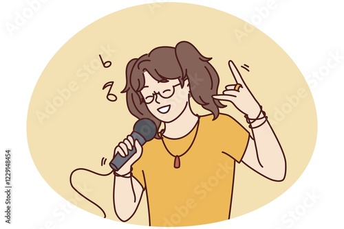 Tableau sur toile Happy girl have fun singing in microphone in karaoke