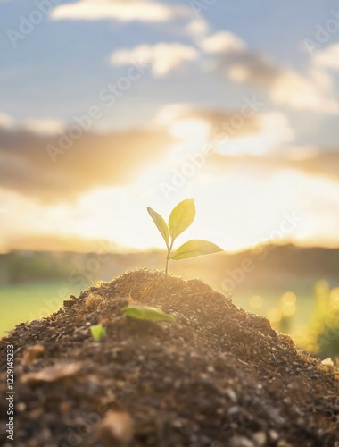 Tiny plant growing out compost soil on the top of a heap sunlit by soft morning light, AI generated