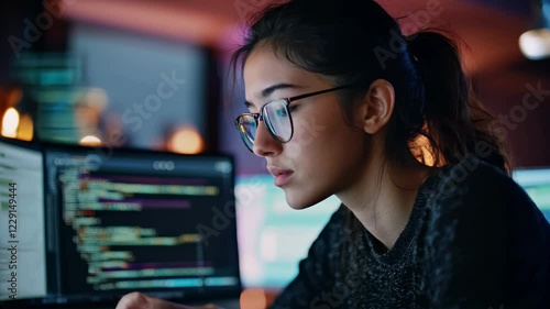 Focused young woman, working on computer programming at night, in a modern tech workspace, technology, IT services, cybersecurity, education