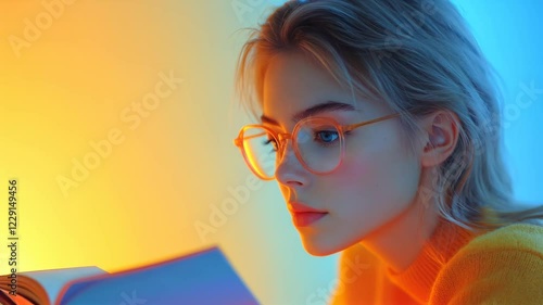 Young woman with glasses reading a book, illuminated by vibrant blue and orange lighting, education, creativity, modern learning