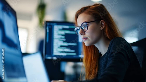 Female programmer working on computer, coding in a high-tech environment, technology, IT industry, software development