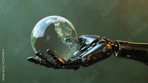 Robotic hand holding a glass globe with a futuristic digital Earth, artificial intelligence, robotics, technology, sustainability