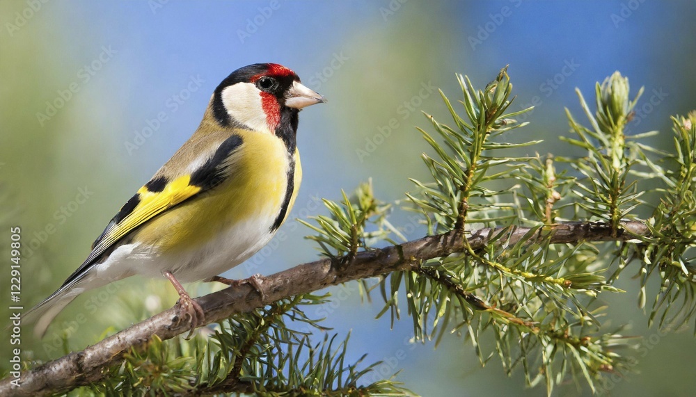 KI generated, animal, animals, bird, birds, biotope, habitat, one, individual, blue sky, foraging, wildlife, summer, seasons, european goldfinch (Carduelis carduelis), sideways, branch, tree KI generated, animal, animals, bird, birds, biotope, habitat, one, individual, blue sky, foraging, wildlife, summer, seasons, european goldfinch (Carduelis carduelis), sideways, branch, tree