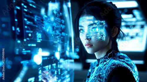 Futuristic woman with digital holographic interface on her face, artificial intelligence, cyber security, innovation, sci-fi