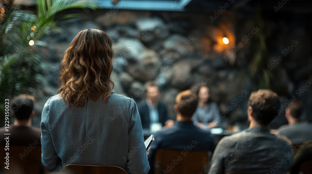 Obraz premium woman stands in front of conference room, presenting to audience. setting features stone wall and relaxed atmosphere, enhancing engagement and focus