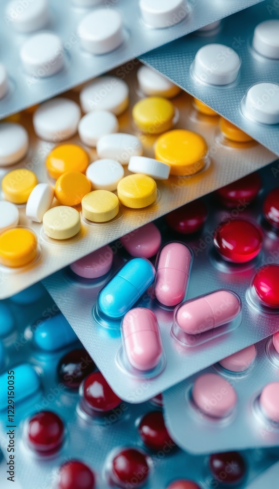 Pharmaceutical array showcasing multicolored tablets and capsules in blister packs Pharmaceutical array showcasing multicolored tablets and capsules in blister packs