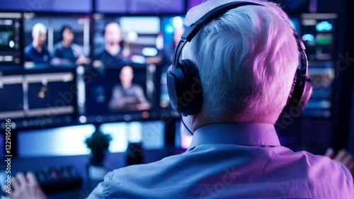 Senior man with headphones watching multiple video calls on screens, remote work, online communication, technology