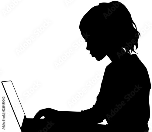 ノートパソコンでタイピングする女性の横向きシルエット