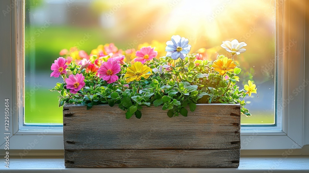 Fototapeta premium Colorful Flowers in Rustic Wooden Planter Box Backlit by Sunlight