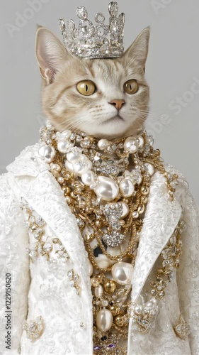Cat wearing an extravagant crown and jewelry, luxurious, royal, funny pet portrait, fashion, elegance, humor