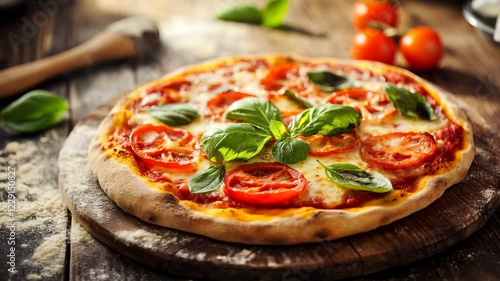 Traditional Italian pizza with tomatoes, basil, and melted cheese on a rustic wooden table, food, gourmet, restaurant