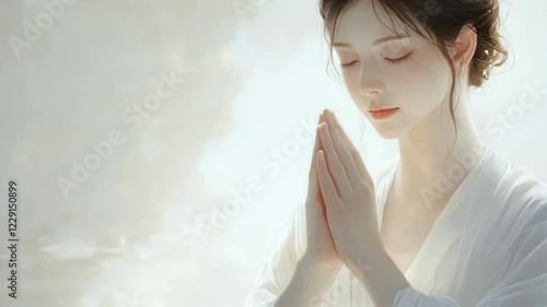 Peaceful young woman in white praying with hands together, spirituality, meditation, faith, purity, serenity