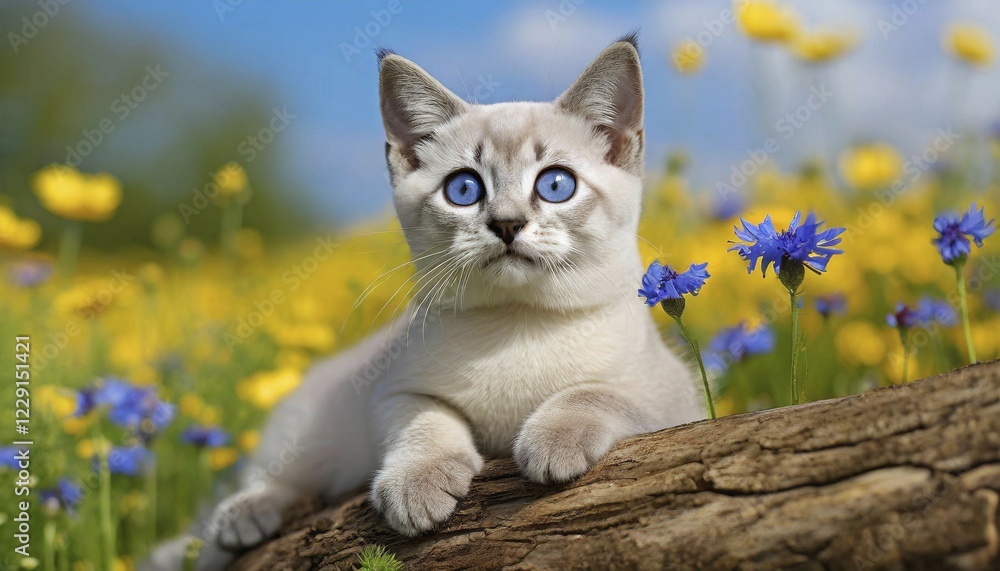 KI generated, animal, animals, mammal, mammals, cat, felidae (Felis catus), a kitten resting in a meadow on a tree trunk KI generated, animal, animals, mammal, mammals, cat, felidae (Felis catus), a kitten resting in a meadow on a tree trunk