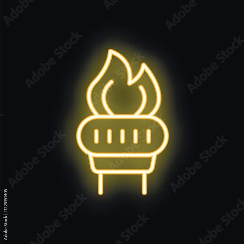 Minimalist vector illustration of a yellow brazier burning with bright flames, glowing on black background