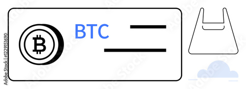 Bitcoin logo, currency code BTC, card with lines, shopping bag outline, small cloud icon. Ideal for cryptocurrency, digital payments, online shopping, e-commerce digital wallets blockchain