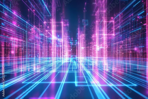 Wallpaper Mural Futuristic digital circuit board with glowing neon blue and purple lines. giving rise to complex network patterns. Torontodigital.ca