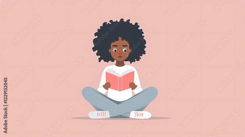 Cute Afro Little Student Girl Reading Character in Flat Vector Cute Afro Little Student Girl Reading Character in Flat Vector