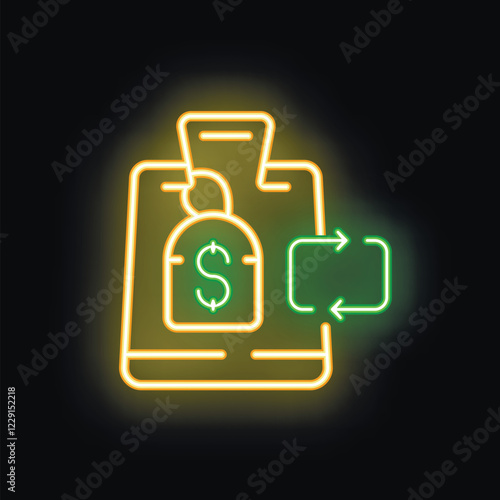Glowing neon icon of money being transferred securely on smartphone with padlock and dollar sign