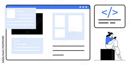 Woman coding on tablet near interface layout and web designs on large screen and code snippet. Ideal for web development, programming, design, UXUI, app creation, tech education, digital projects