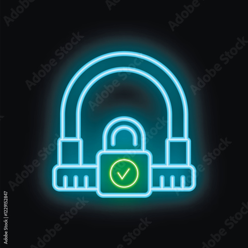 Glowing neon line bicycle lock icon isolated on a black background vector illustration