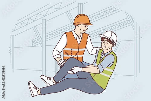 Construction worker helps colleague broke leg and was injured at work due to safety violation. Man in construction uniform needs doctor help and compensation after incident while working