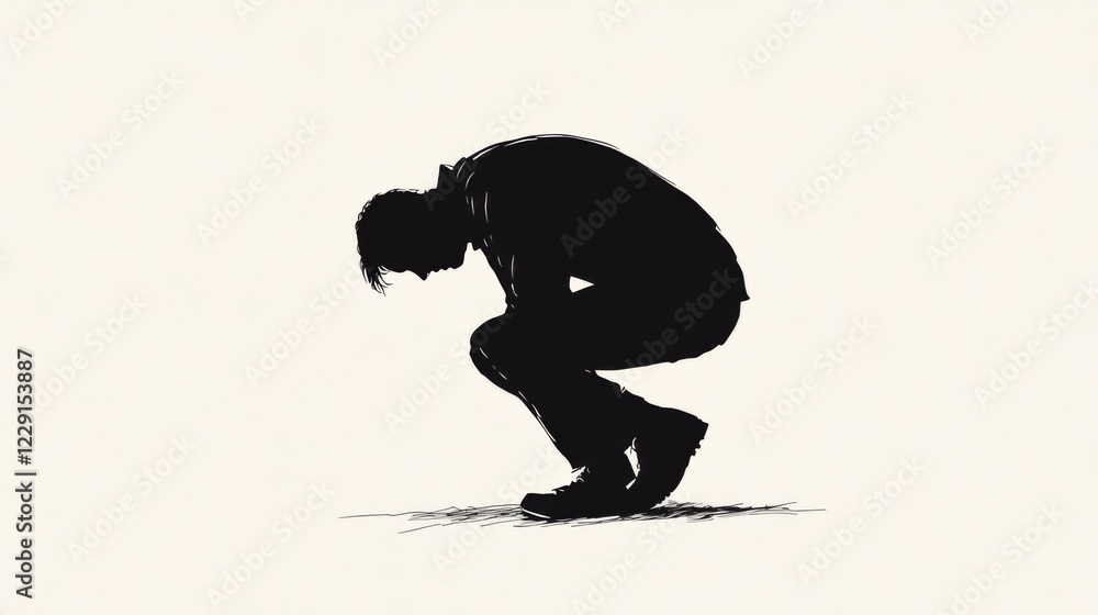Fototapeta premium Silhouette of a man crouching, head down, in pain or sorrow.