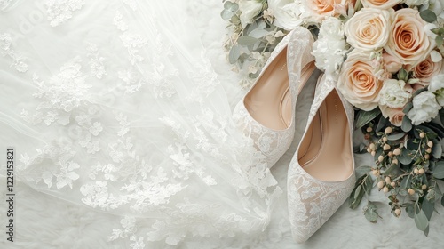 Elegant wedding dress, delicate lace, and beautiful floral bouquet featuring roses and greenery, complemented by stylish bridal shoes.