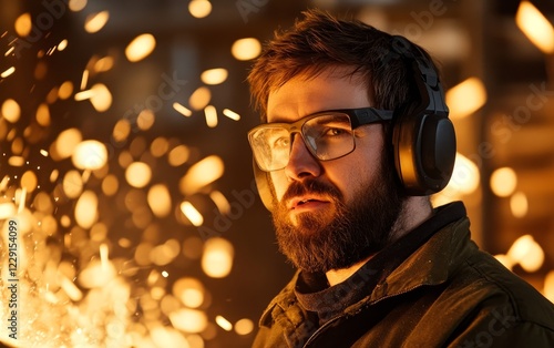 A focused worker in protective gear stands amidst flying spark in a workshop, showcasing craftsmanship photo