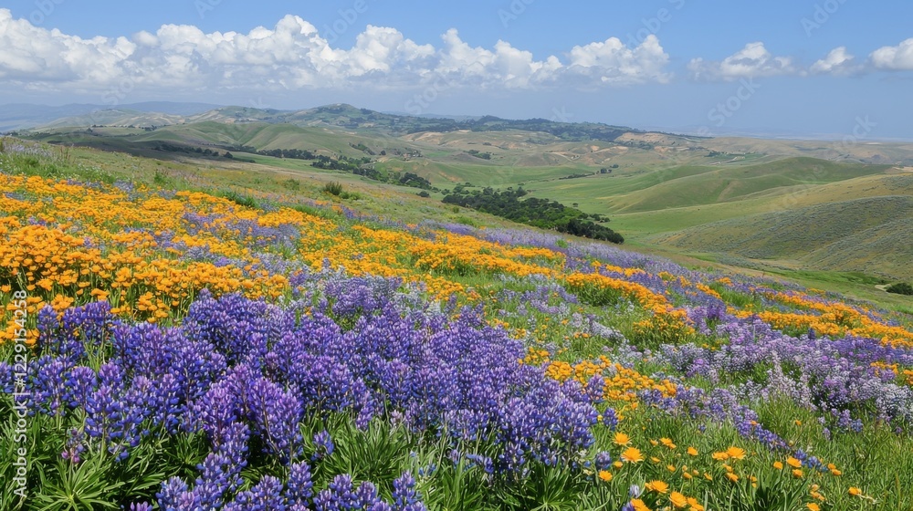 Fototapeta premium Vibrant Purple And Orange Wildflowers Blanket Rolling Hillside Under Blue Sky