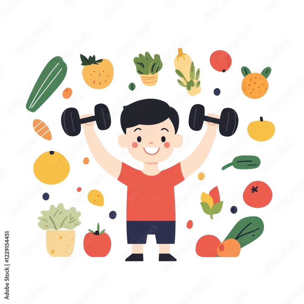 Fototapeta premium Happy boy lifting weights surrounded by healthy fruits and vegetables. (1)